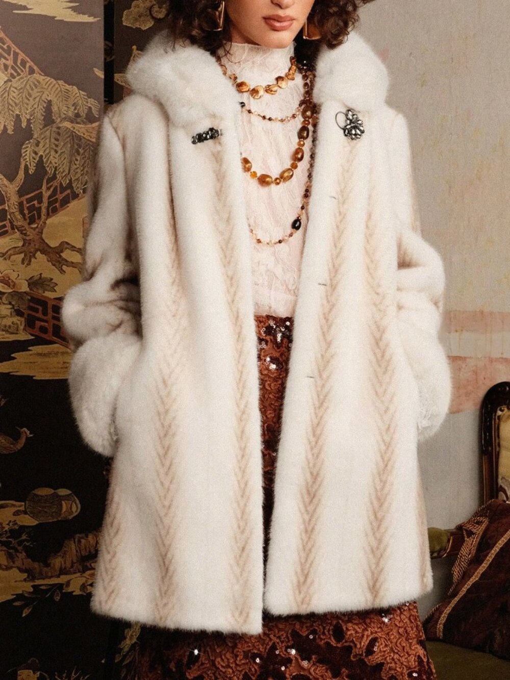 White Casual Women's Faux Fur Hooded Mid-Length Cinched Waist Coat